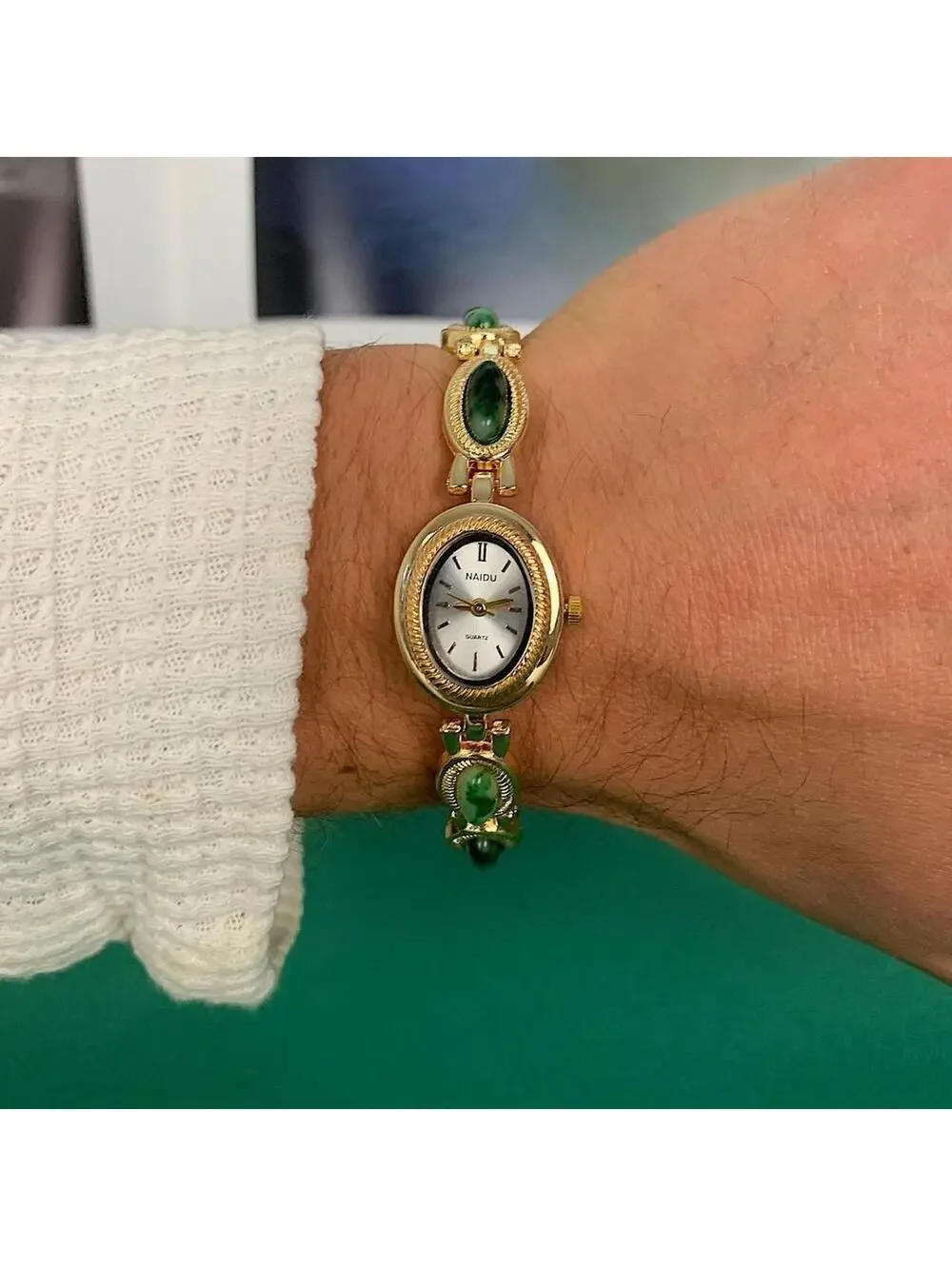 Y2K Gold Green Dainty Quartz Opal Jade Watch 8 Inch Unisex